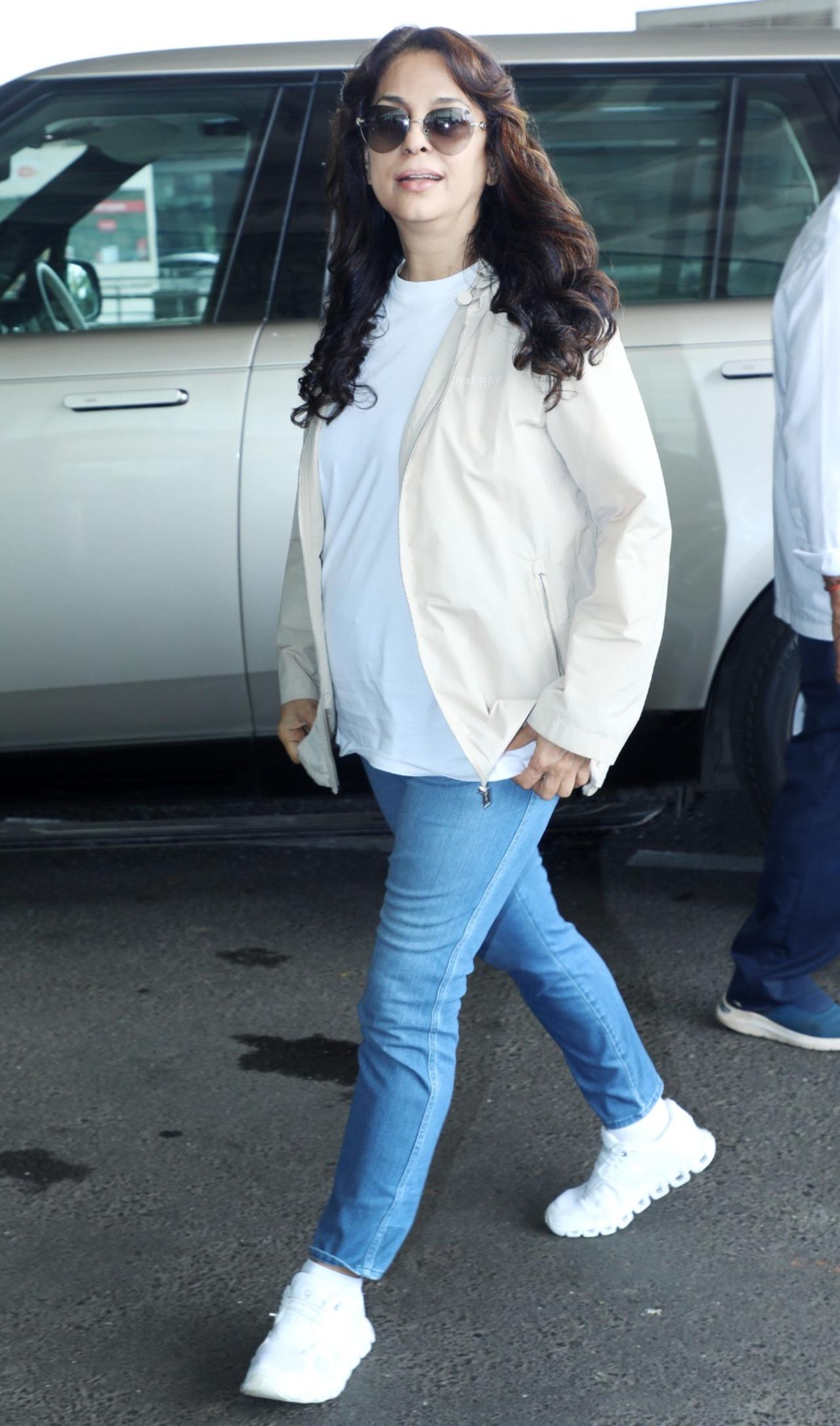 Actress Juhi Chawla made a rare appearance today at the airport as she headed for a comfy flight.
